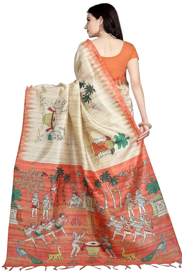 OURPLANET Artificial Tussar Silk Bhagalpuri Saree with Tassels and Printed Tribal Art Paintings - 5.50 meter