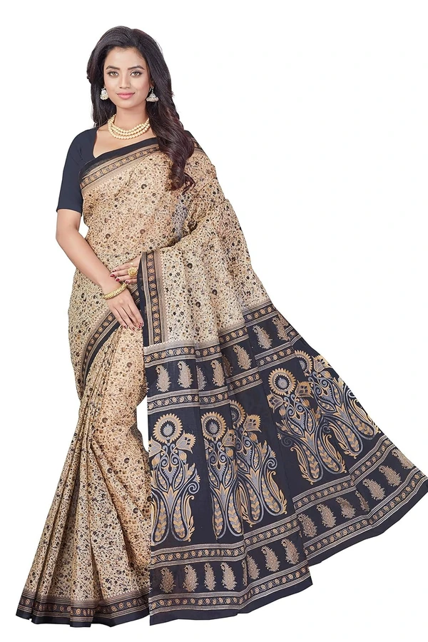 OURPLANET Women's Pure Cotton Printed Saree Without Blouse Piece - Beige-Black