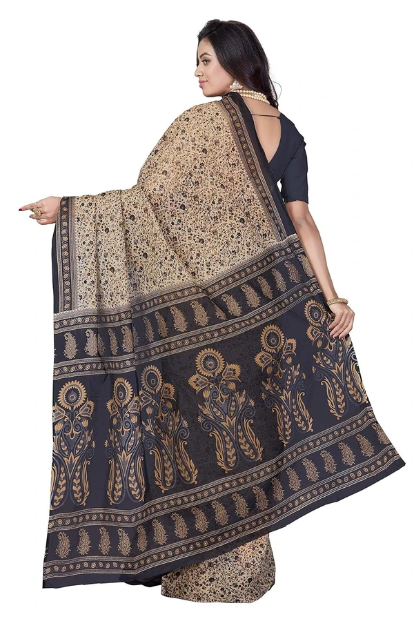 OURPLANET Women's Pure Cotton Printed Saree Without Blouse Piece - Beige-Black