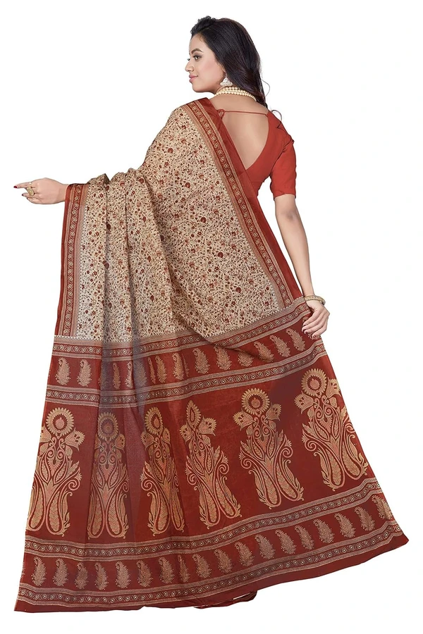 OURPLANET Women's Pure Cotton Printed Saree Without Blouse Piece - Beige-Brown