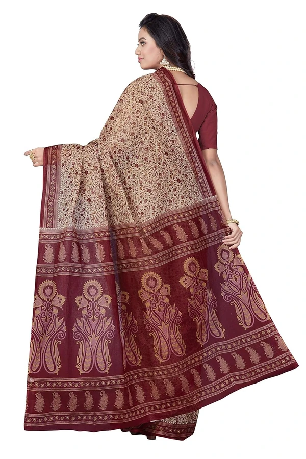 OURPLANET Women's Pure Cotton Printed Saree Without Blouse Piece - Beige-Maroon