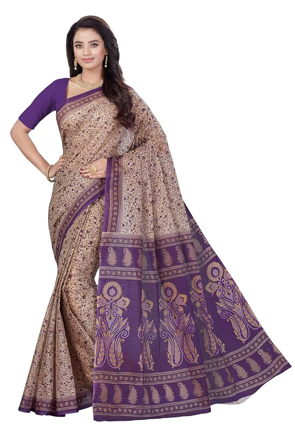 OURPLANET Women's Pure Cotton Printed Saree Without Blouse Piece - Beige-Purple