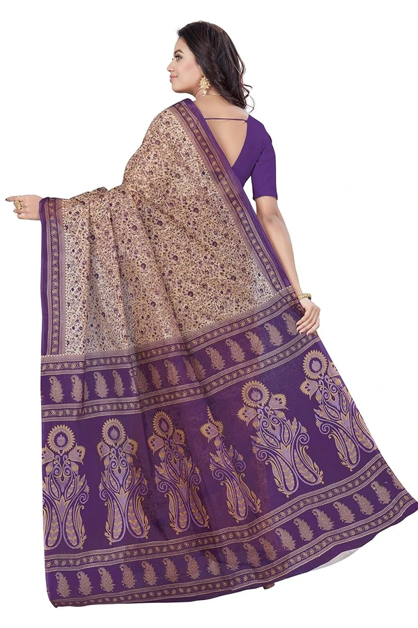 OURPLANET Women's Pure Cotton Printed Saree Without Blouse Piece - Beige-Purple