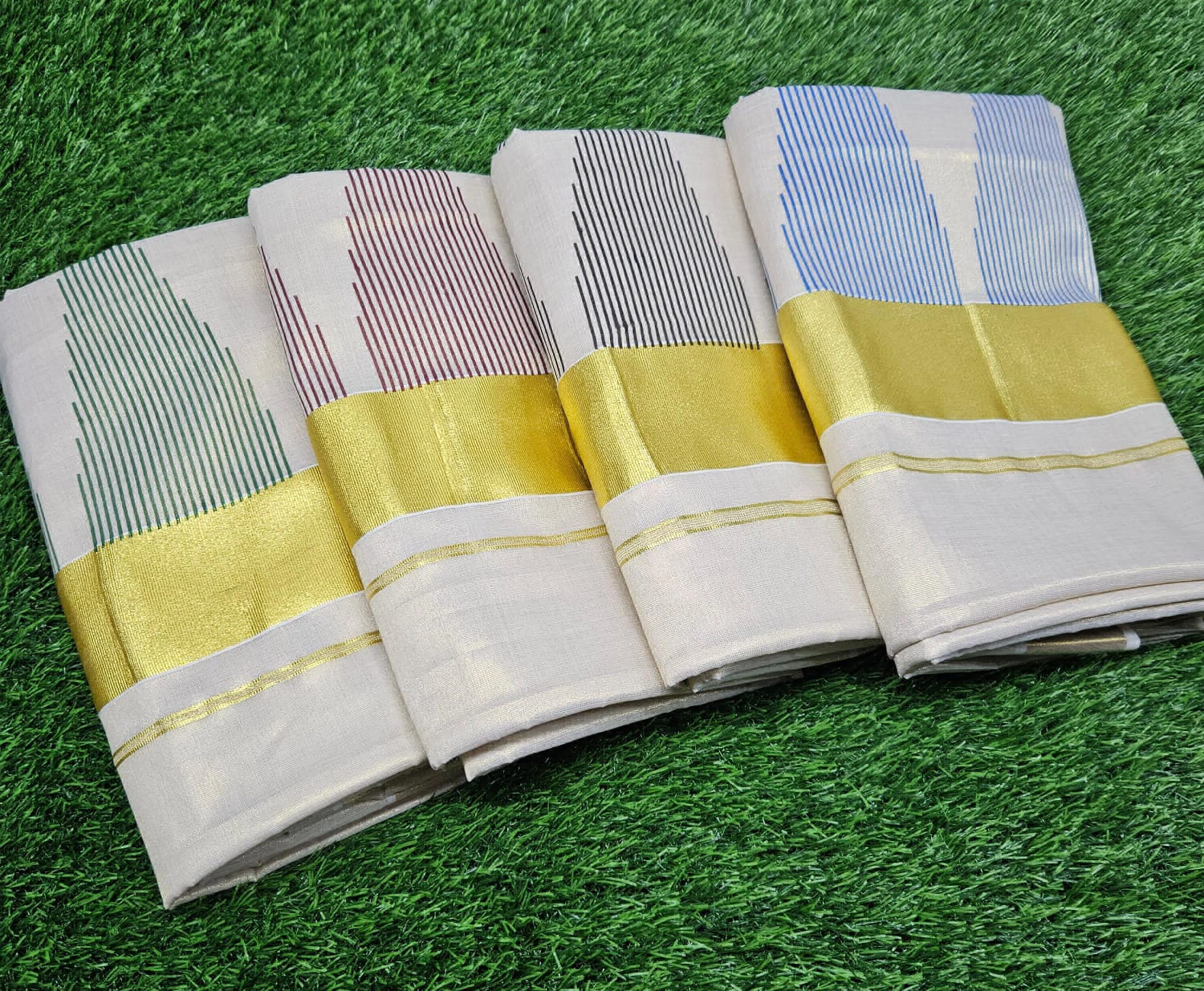 Golden Tissue Saree with Striped Weave & Lace Embellished Edge
