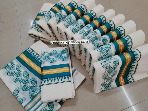 Kuttampalli Kerala Set Mundu | Cotton Mix Printed Design - Light Green