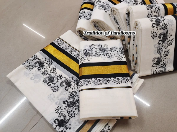 Kuttampalli Kerala Set Mundu | Cotton Mix Printed Design - Black