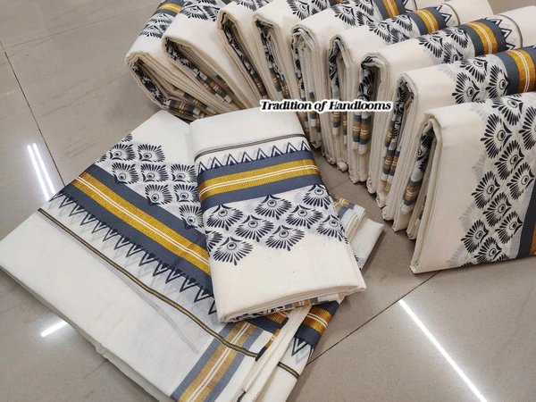 Kuttampalli Kerala Set Mundu | Cotton Mix Printed Design - Grey