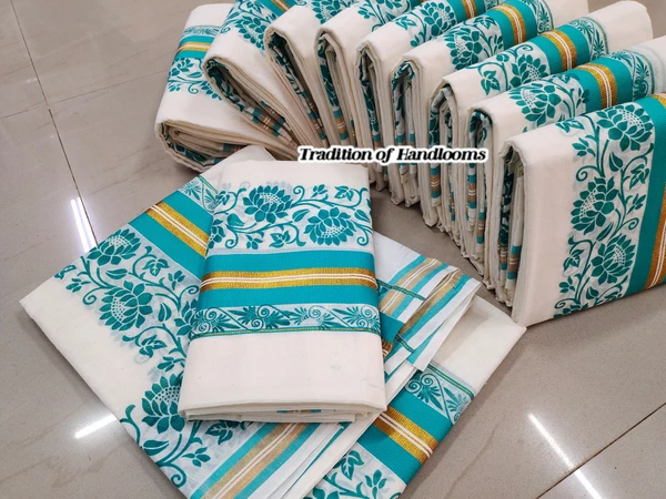 Kuttampalli Kerala Set Mundu | Cotton Mix Printed Design - Blue