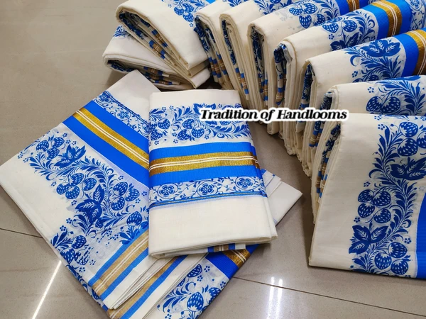 Kuttampalli Kerala Set Mundu | Cotton Mix Printed Design - Sky Blue