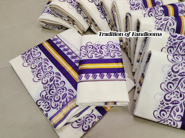 Kuttampalli Kerala Set Mundu | Cotton Mix Printed Design - Violet