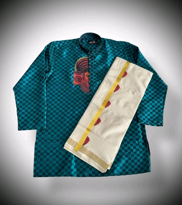 THEYYAM PRINTED SILK EMPOSE KURTA SET - 