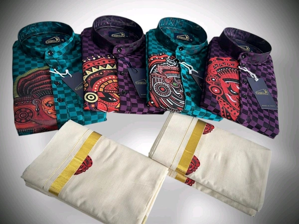 THEYYAM PRINTED SILK EMPOSE KURTA SET - 