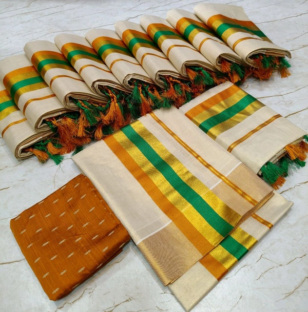 SPECIAL QUALITY GOLDEN TISSUE KUNJALAM DOUBLED COLOUR SETMUNDU