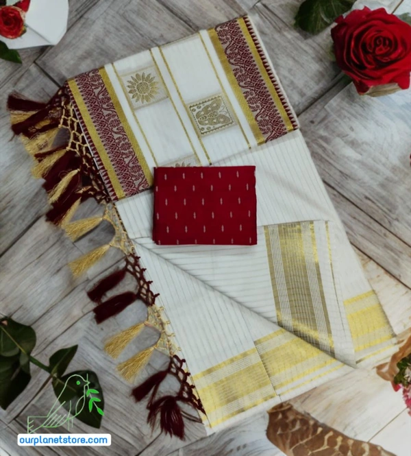  Cotton Lines Putta Saree with Tassels 