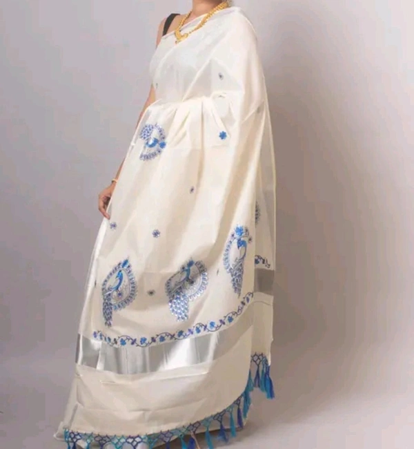 Onam Special embroidery Cotton Kerala saree ( Silver Peacock - Aqua Blue)