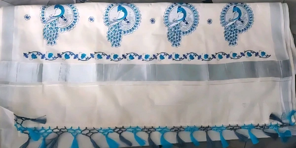 Onam Special embroidery Cotton Kerala saree ( Silver Peacock - Aqua Blue)