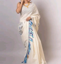 Onam Special embroidery Cotton Kerala saree ( Silver Peacock - Aqua Blue)