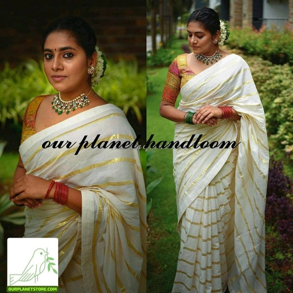 Nimisha sajayan inspired golden Strip  cotton setsaree