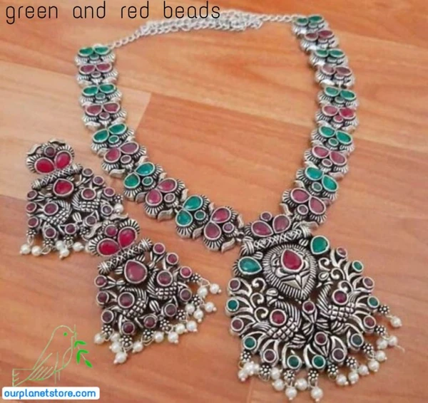 Awesome Indian Dual Tone Oxidised Jewellery Set, Long Necklace Set, Ethnic Jewelry, Temple Jewellery, Gift For Her, Indian Jewellery - Green and Red
