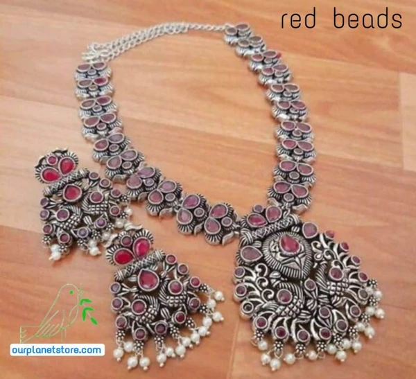 Awesome Indian Dual Tone Oxidised Jewellery Set, Long Necklace Set, Ethnic Jewelry, Temple Jewellery, Gift For Her, Indian Jewellery - Red