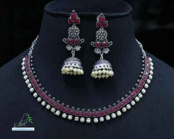 Beautiful Oxidised Silver Necklace and Jumki - #88ca8a