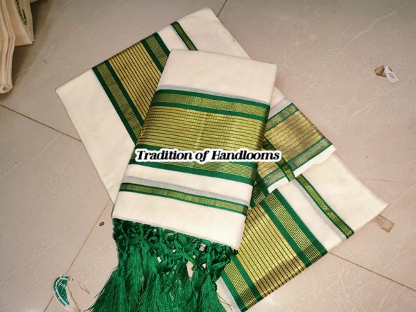 Green Color Set Mundu and Veshty with kunjalam