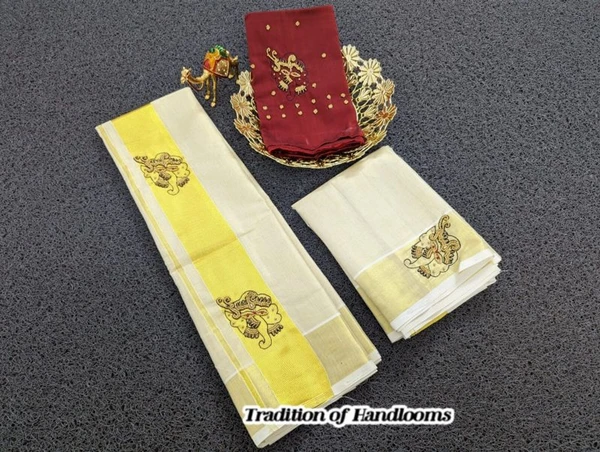 Handcrafted Ganapati Design Kerala Tissue ( Kasavu) Set Mundu (2mtrs Mundu & 2.8mtrs Neriyathu) with Design Blouse| OURPLANET