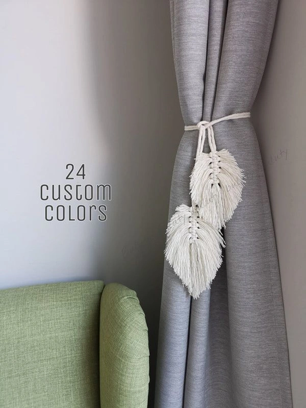 MACRAME CURTAIN TIEBACK Minimalist Leaf Feather, Curtain Holder, Holdback, Wraparound Modern Window Treatment, Cotton Curtain Decor - #b3b3b3