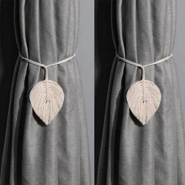 MACRAME CURTAIN TIEBACK Minimalist Leaf Feather, Curtain Holder, Holdback, Wraparound Modern Window Treatment, Cotton Curtain Decor - #b3b3b3