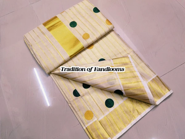 Set Saree Golden strip with polga dots design