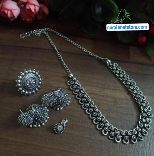 Silver Plated handmade Party wear Adjustable  Necklace Jewellery set with Jhumki earrings, Adjustable Ring & Nose Pin