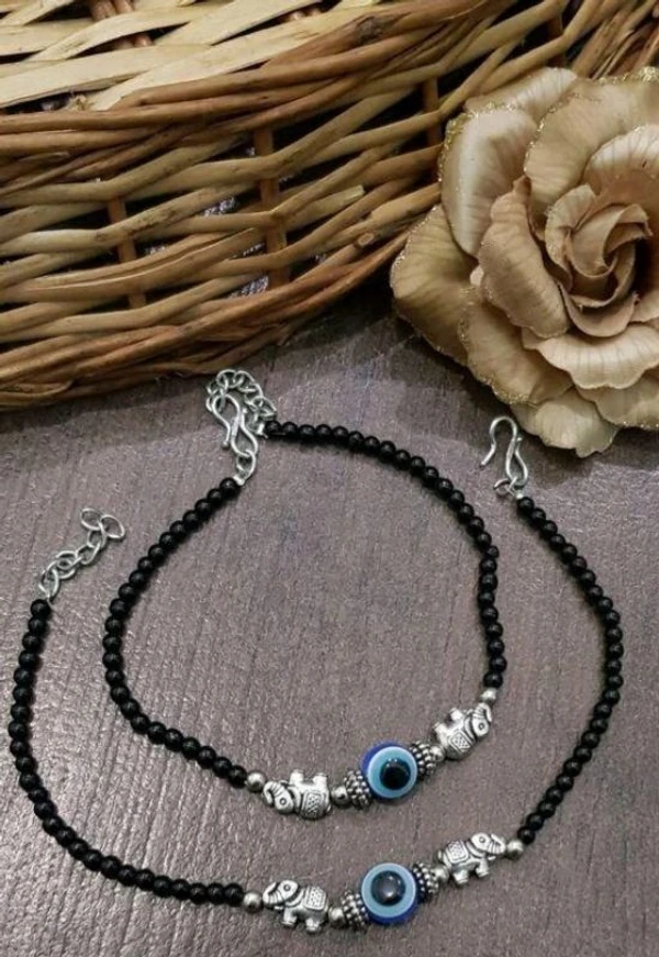 Women's Elephant Evil Eye Anklet with Oxidised Beads/Nazariya Anklet (Pair of 2)