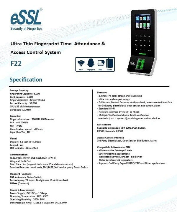 ESSL F22 WIFI FINGERPRINT ATTENDANCE
