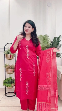 Cherry 3-Piece Straight Suit Cotton with Chanderi dupatta D.No.-109 - 46, Cherry