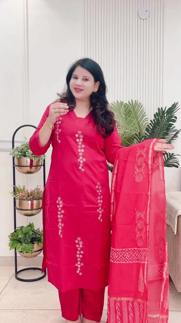 Cherry 3-Piece Straight Suit Cotton with Chanderi dupatta D.No.-109 - 46, Cherry
