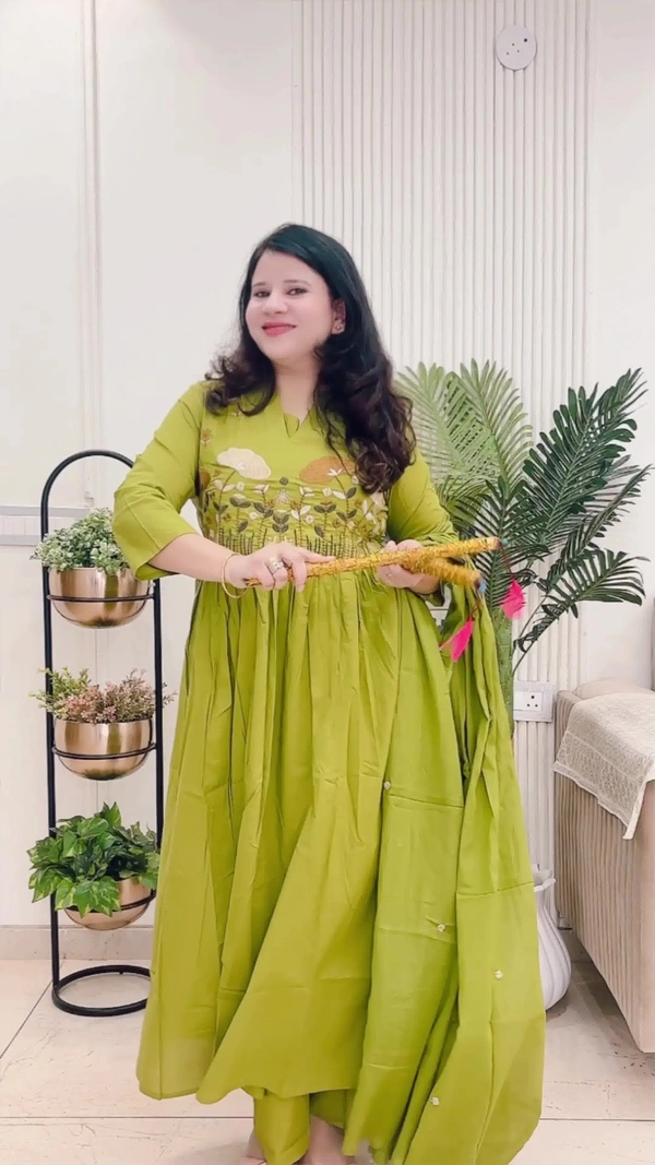 Green 3-Piece Cotton Embroidered D.No.-103 - 38, Green