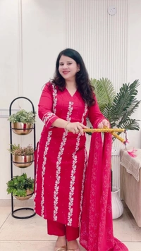 Cherry 3-Piece Straight Suit Cotton Embroidered D.No.-104 - 44, Cherry