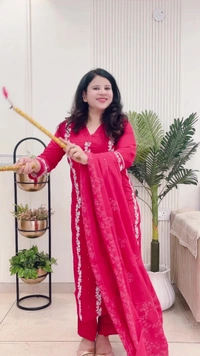Cherry 3-Piece Straight Suit Cotton Embroidered D.No.-104 - 44, Cherry