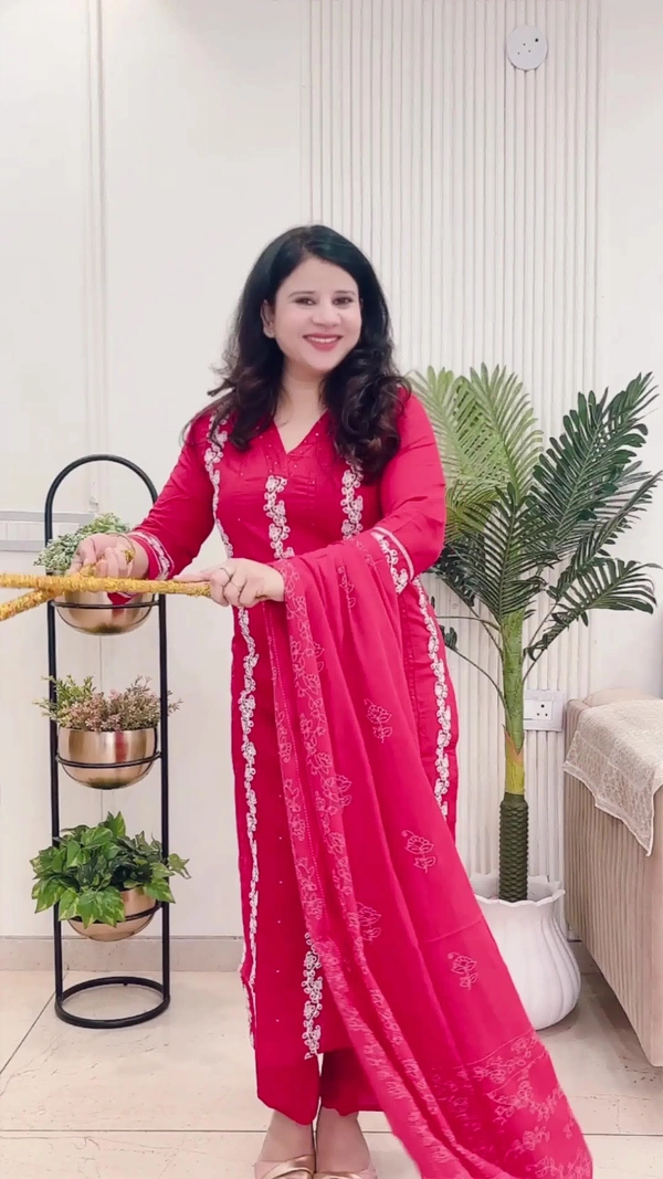 Cherry 3-Piece Straight Suit Cotton Embroidered D.No.-104 - 44, Cherry