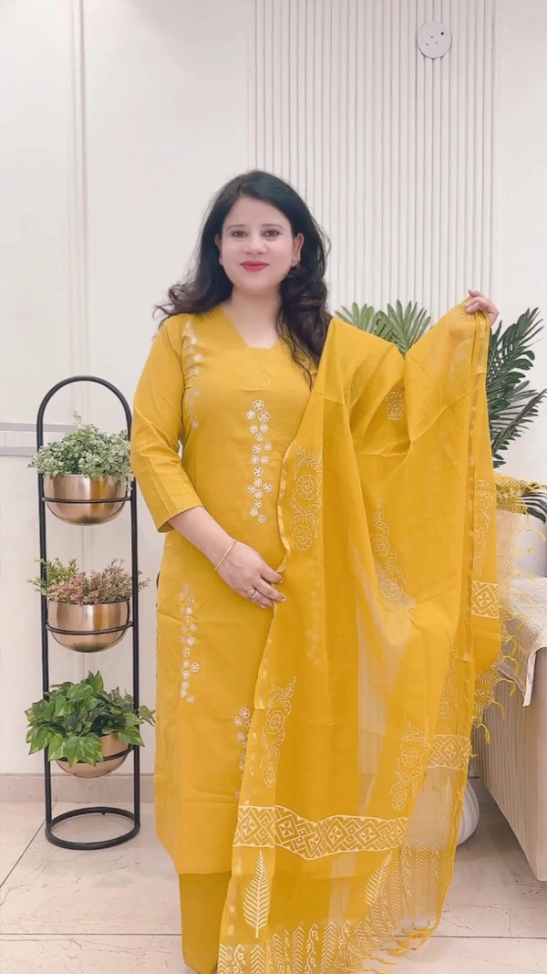 Mustard 3-Piece Straight Suit Cotton with Chanderi dupatta D.No.-108 - 44, Mustard