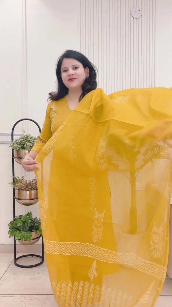 Mustard 3-Piece Straight Suit Cotton with Chanderi dupatta D.No.-108 - 44, Mustard
