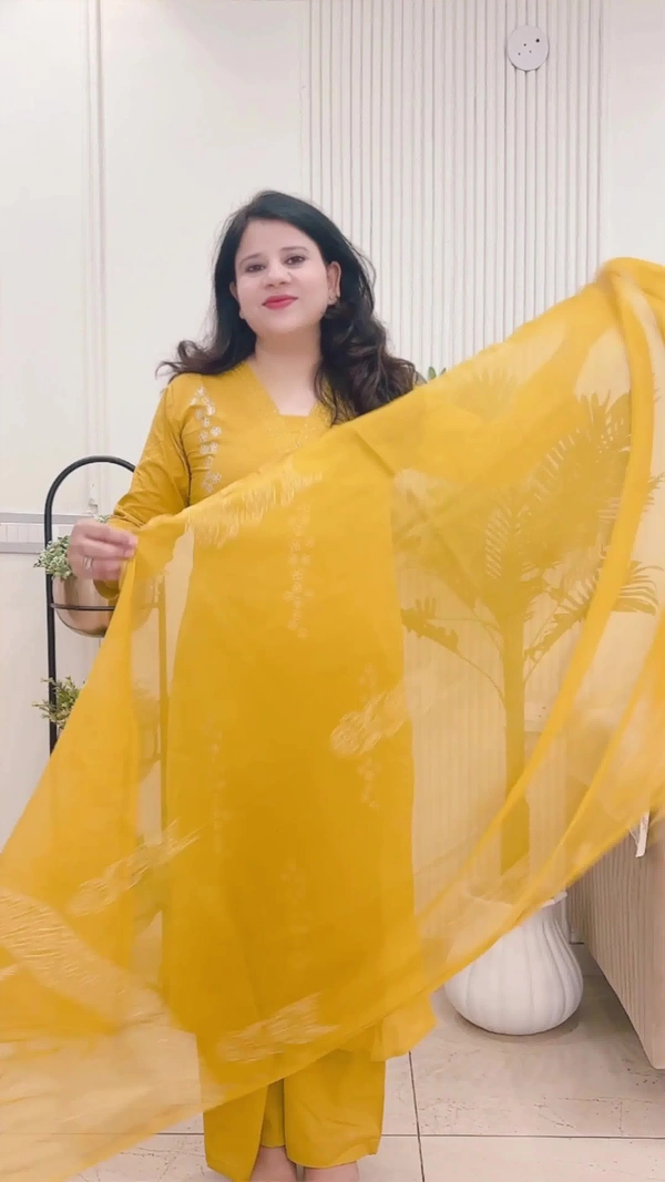 Mustard 3-Piece Straight Suit Cotton with Chanderi dupatta D.No.-108 - 44, Mustard
