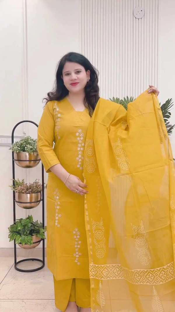 Mustard 3-Piece Straight Suit Cotton with Chanderi dupatta D.No.-108 - 44, Mustard