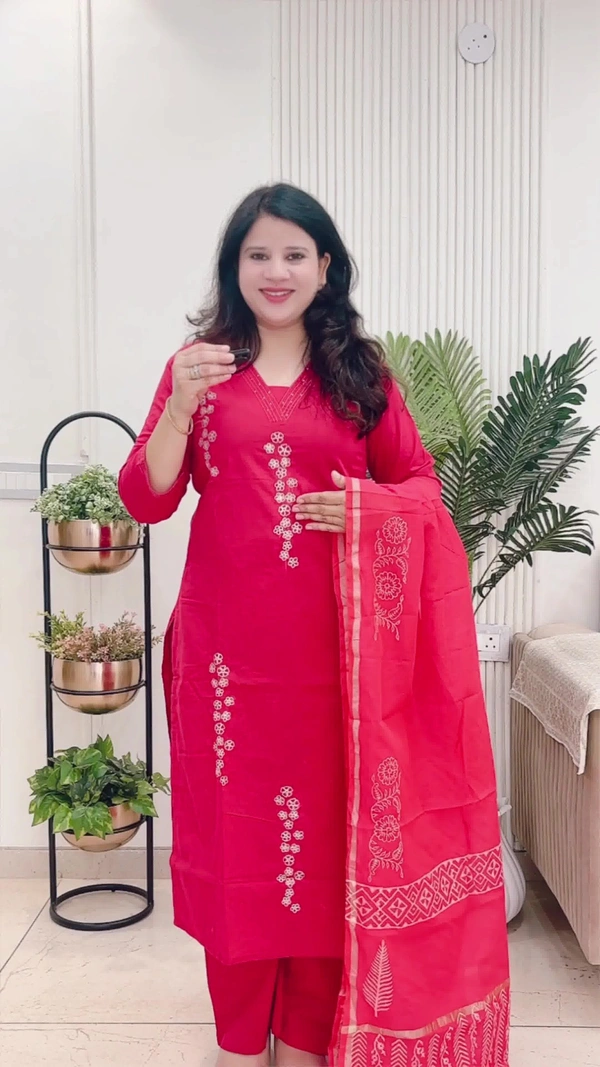 Cherry 3-Piece Straight Suit Cotton with Chanderi dupatta D.No.-109 - 46, Cherry