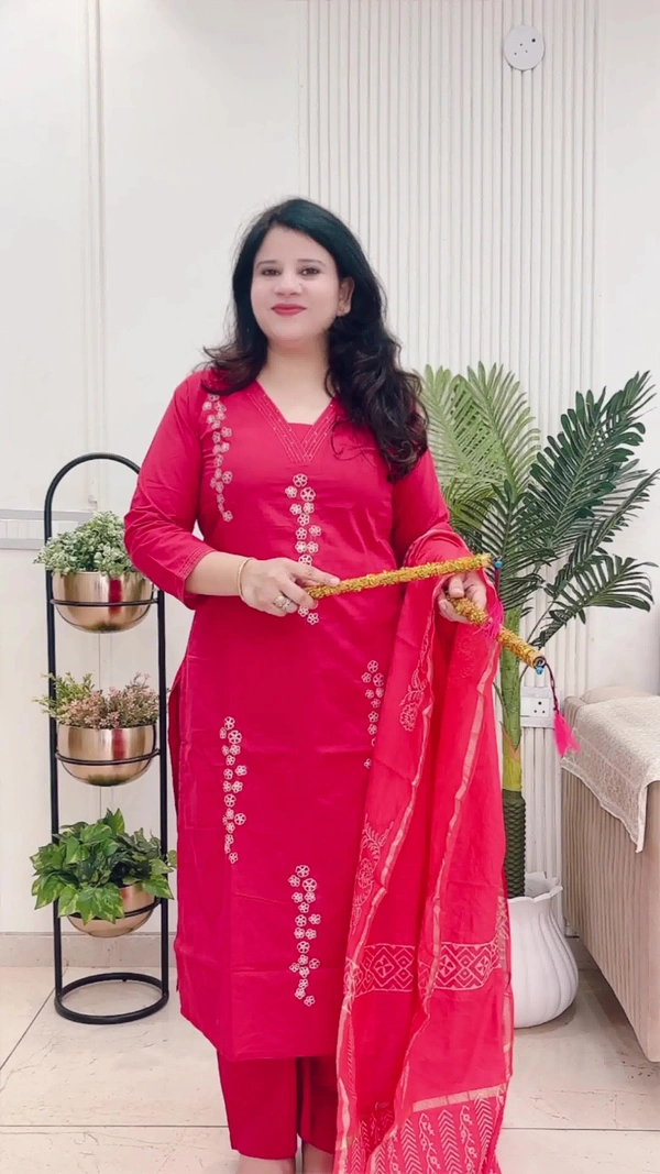 Cherry 3-Piece Straight Suit Cotton with Chanderi dupatta D.No.-109 - 46, Cherry