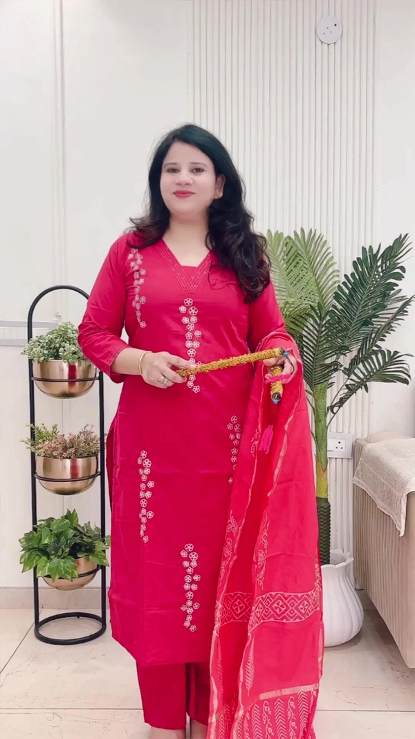 Cherry 3-Piece Straight Suit Cotton with Chanderi dupatta D.No.-109 - 46, Cherry
