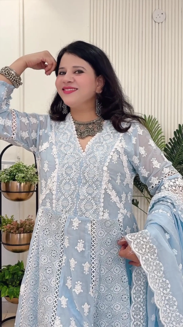 Sky Blue 3-Piece Anarkali Mal-Chanderi D.No.-115 - 40, Sky Blue