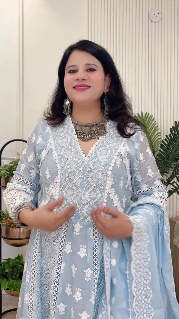 Sky Blue 3-Piece Anarkali Mal-Chanderi D.No.-115 - 40, Sky Blue