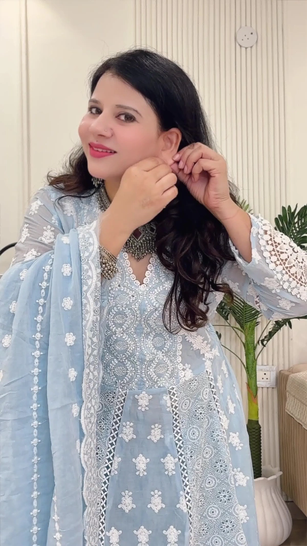 Sky Blue 3-Piece Anarkali Mal-Chanderi D.No.-115 - 40, Sky Blue