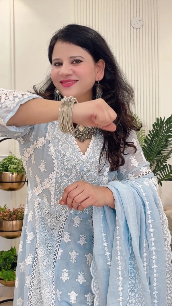 Sky Blue 3-Piece Anarkali Mal-Chanderi D.No.-115 - 40, Sky Blue